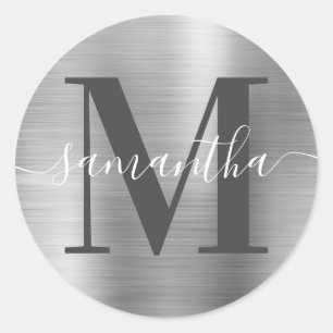 Signature Dark Grey Monogram Silver Foil Classic Round Sticker