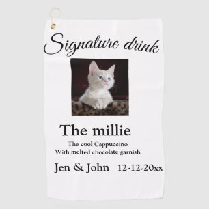 Signature drink add pet photo name date year text golf towel