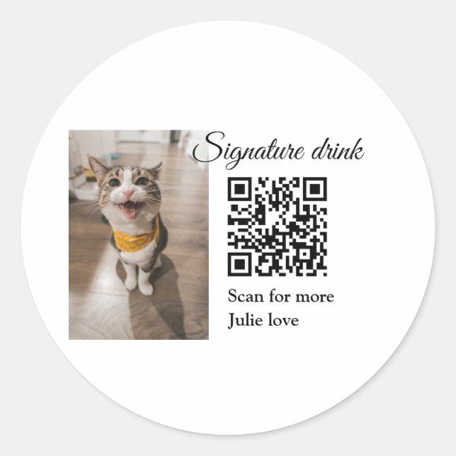 Signature drink scan QR code add pet photo name  Classic Round Sticker (Front)