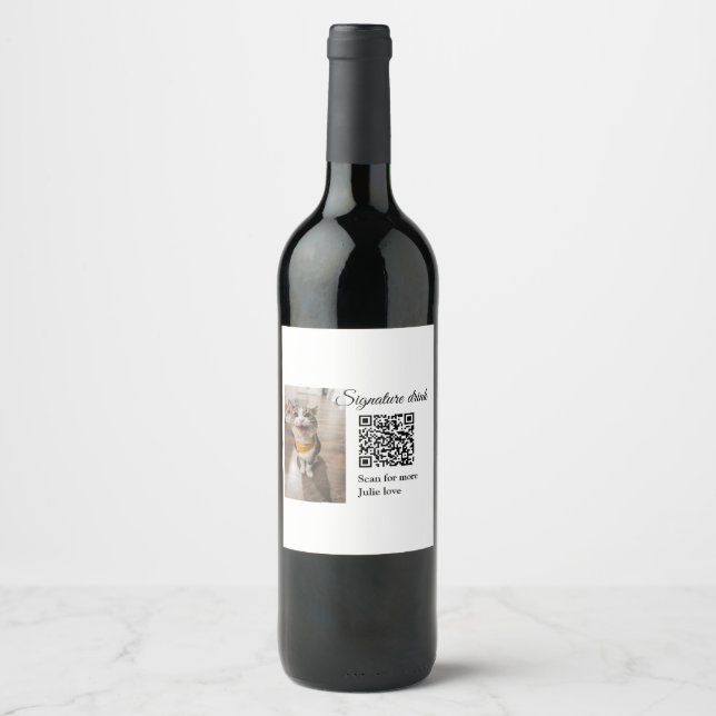 Signature drink scan QR code add pet photo name  Wine Label (Front)