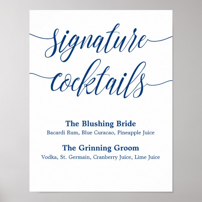 Signature Drink Wedding Sign Navy Blue Calligraphy (Front)
