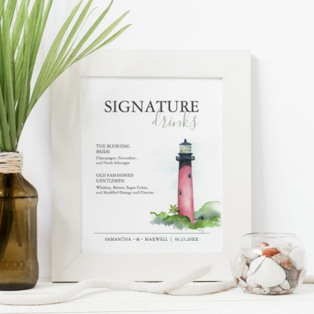 Signature Drinks 8x10 Beach Wedding Sign (Wedding signature drinks sign watercolor lighthouse art by Victoria Grigaliunas of Do Tell A Belle)