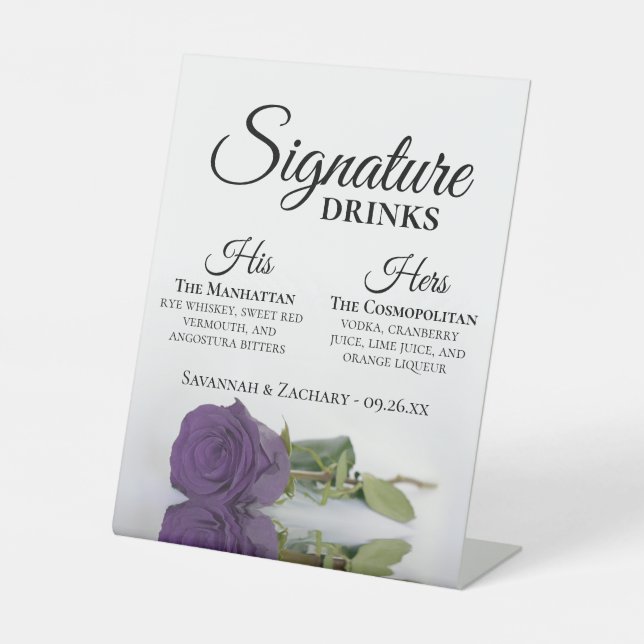 Signature Drinks Amethyst Purple Rose Wedding Pedestal Sign (Front)