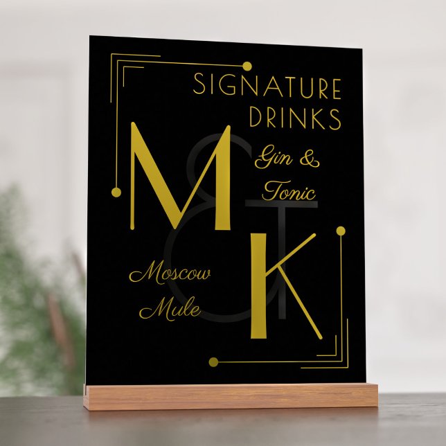Signature Drinks Art Deco 1920s Wedding Acrylic Sign (Just add your initials and signature drinks to this roaring 20s inspired acrylic sign)