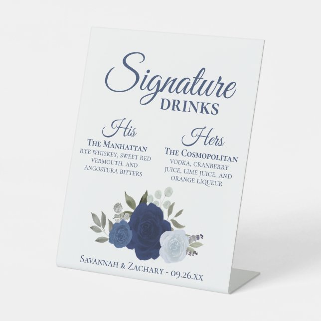 Signature Drinks Blue Watercolor Roses Wedding Pedestal Sign (Front)