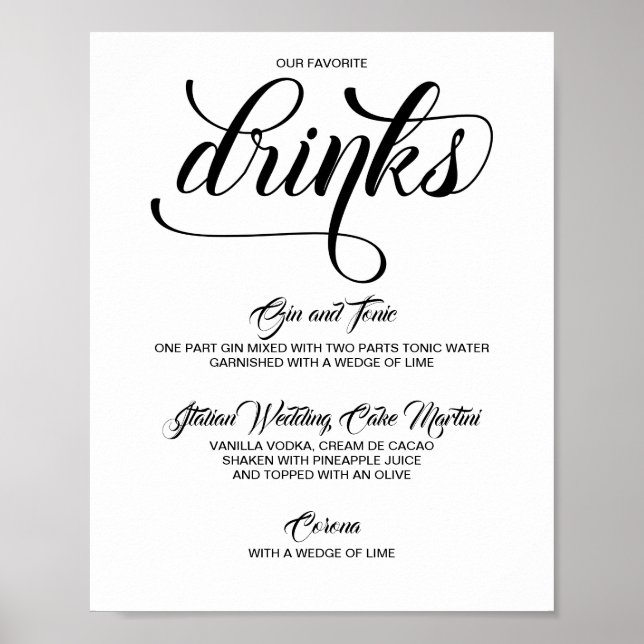 Signature Drinks Cocktails Wedding Sign - Black (Front)