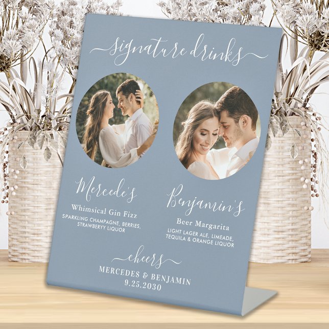 Signature Drinks Custom Photo Dusty Blue Wedding  Pedestal Sign (Creator Uploaded)