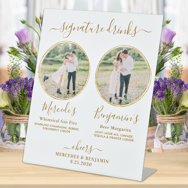 Signature Drinks Custom Photo Gold Wedding Bar  Pedestal Sign (Creator Uploaded)