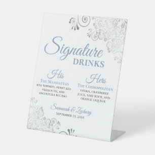 Signature Drinks Dusty Blue & Silver Chic Wedding Pedestal Sign