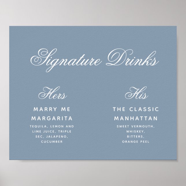 Signature Drinks Dusty Blue Simple Wedding Sign (Front)