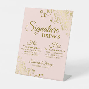 Signature Drinks Elegant Blush Pink & Gold Wedding Pedestal Sign