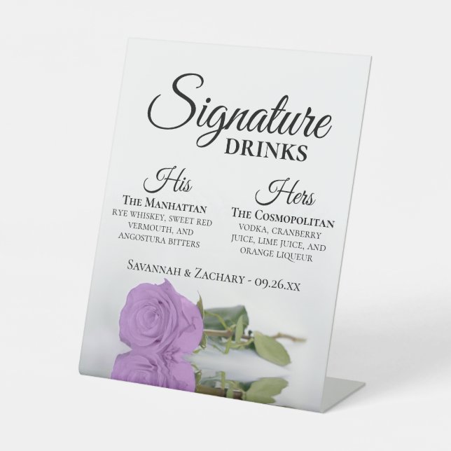 Signature Drinks Elegant Lilac Purple Rose Wedding Pedestal Sign (Front)