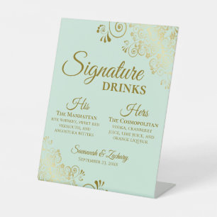 Signature Drinks Elegant Mint Green & Gold Wedding Pedestal Sign