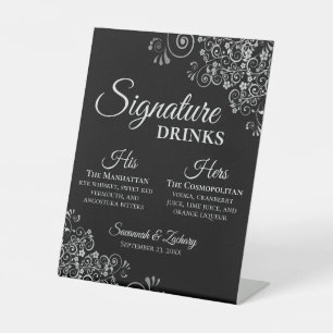 Signature Drinks Elegant Silver & Black Wedding Pedestal Sign