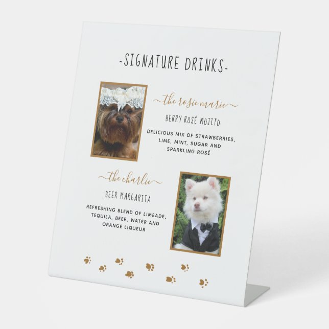 Signature Drinks Gold Pet Wedding Photo Pedestal Sign (Front)
