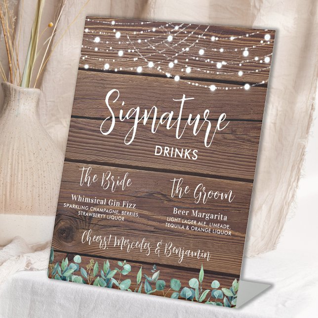 Signature Drinks Greenery String Lights Wedding  Pedestal Sign (Creator Uploaded)
