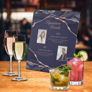 Signature Drinks Navy Rose Agate Wedding Photos Pedestal Sign