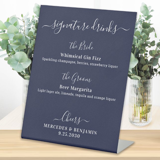 Signature Drinks Personalise Navy Blue Wedding Bar Pedestal Sign (Creator Uploaded)