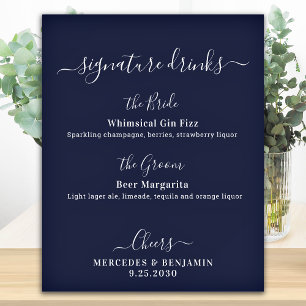 Signature Drinks Personalise Navy Blue Wedding Bar Poster