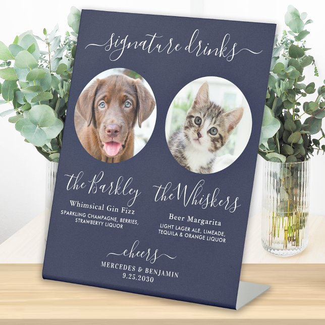 Signature Drinks Pet Dog Wedding Photo Navy Blue  Pedestal Sign (Creator Uploaded)