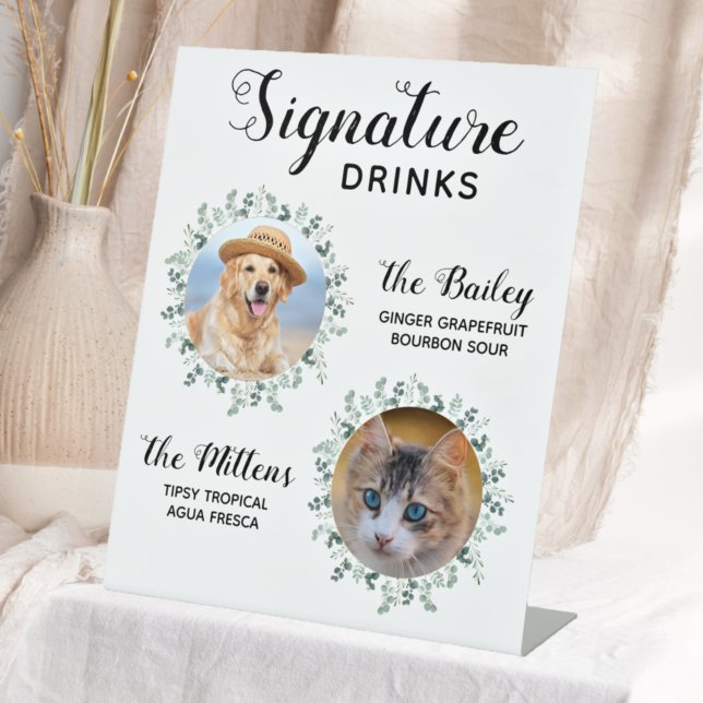 Signature Drinks Pet Photo Dog Wedding Bar Pedestal Sign (Creator Uploaded)