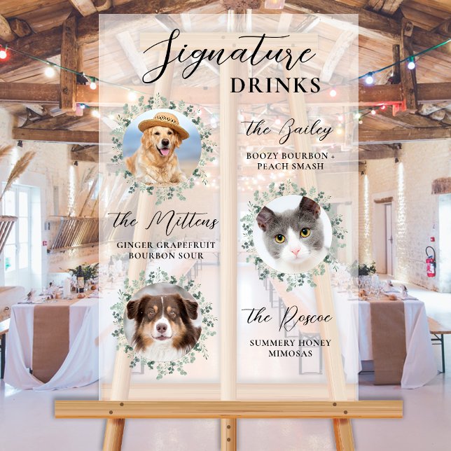 Signature Drinks Pet Wedding 3 Photo Cocktail Acrylic Sign (Creator Uploaded)