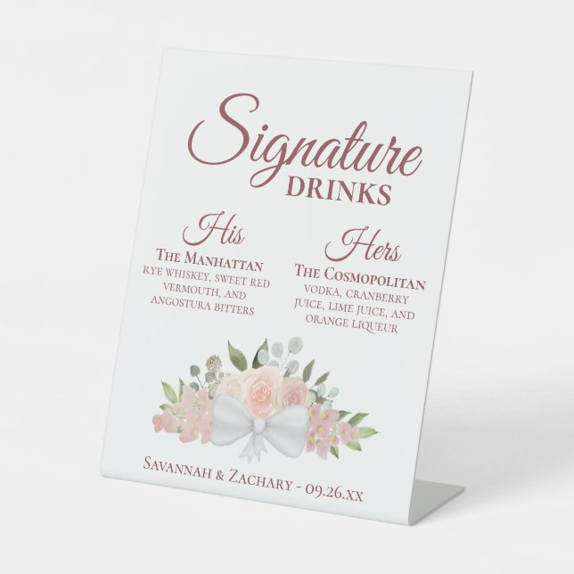 Signature Drinks Pink Roses & Blossoms Wedding Pedestal Sign (Front)