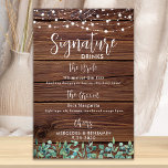 Signature Drinks String Lights Rustic Wedding Bar  Poster<br><div class="desc">Signature Drinks ! Modern yet rustic eucalyptus and string lights on country rustic wood with elegant calligraphy, this signature drink bar sign features two cocktails 'the Bride' and 'the Groom', personalised with your drinks of choice. Customise this elegant wedding sign with your names and signature drinks! COPYRIGHT © 2020 Judy...</div>