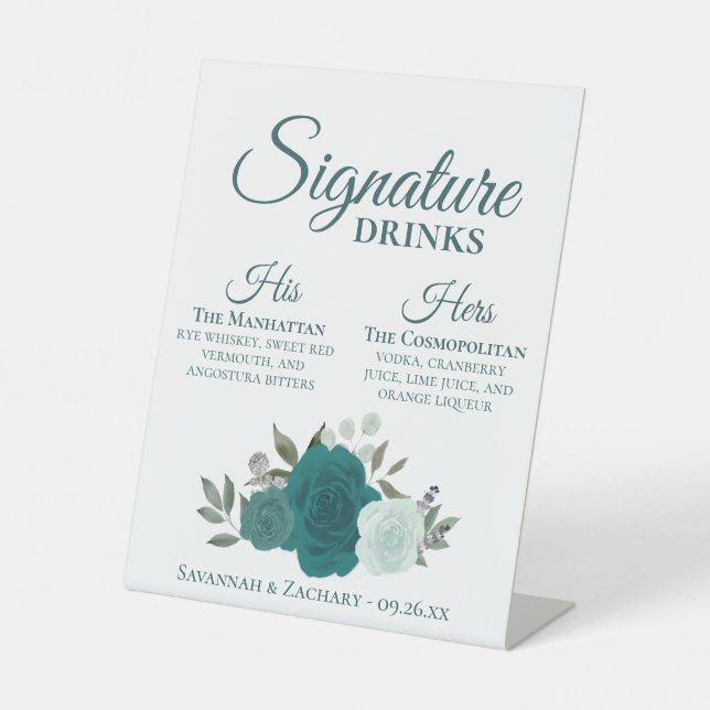 Signature Drinks Teal & Aqua Roses Wedding Pedestal Sign (Front)