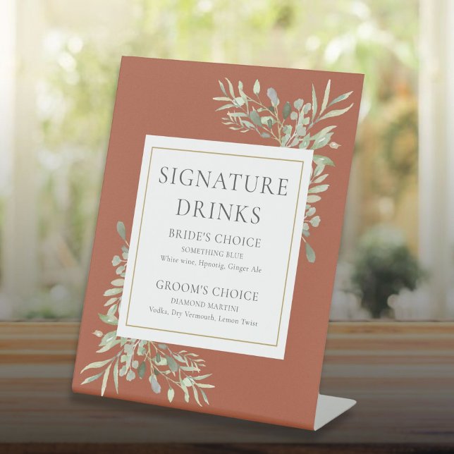 Signature Drinks Watercolor Greenery Terracotta Pedestal Sign (Signature Drinks Watercolor Greenery Terracotta Pedestal Sign)