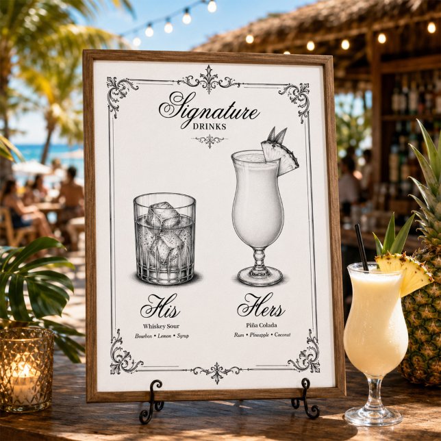 Signature Drinks Wedding His and Hers Poster (Elegant framed Signature Drinks sign adds timeless charm to your wedding cocktail bar. )