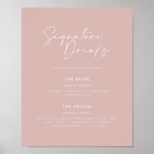 Signature drinks wedding modern minimal blush pink poster (Front)