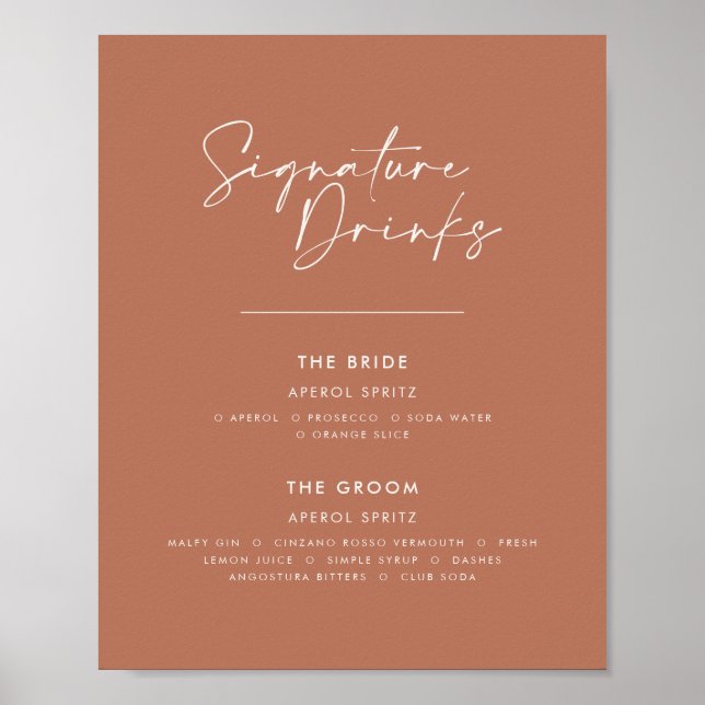 Signature drinks wedding modern minimal terracotta poster (Front)