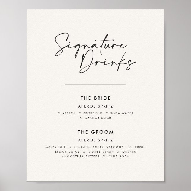 Signature drinks wedding modern minimal white poster (Front)