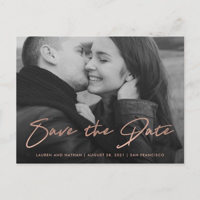 Signature | Faux Rose Gold Photo Save the Date Announcement Postcard (Front)