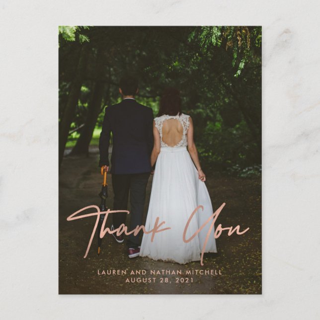 Signature | Faux Rose Gold Wedding Photo Thank You Postcard (Front)