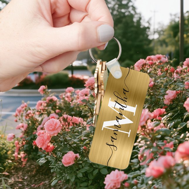 Signature Monogram Gold Foil Thin Rectangle Key Ring (Signature Monogram Gold Foil Thin Rectangle Keychain)