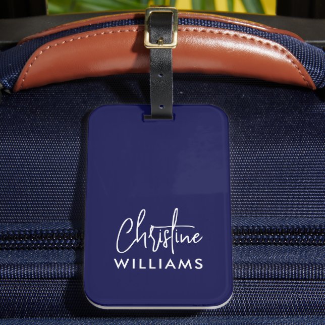 Signature Monogram Handwritten Script Blue Luggage Tag (Front Insitu 2)