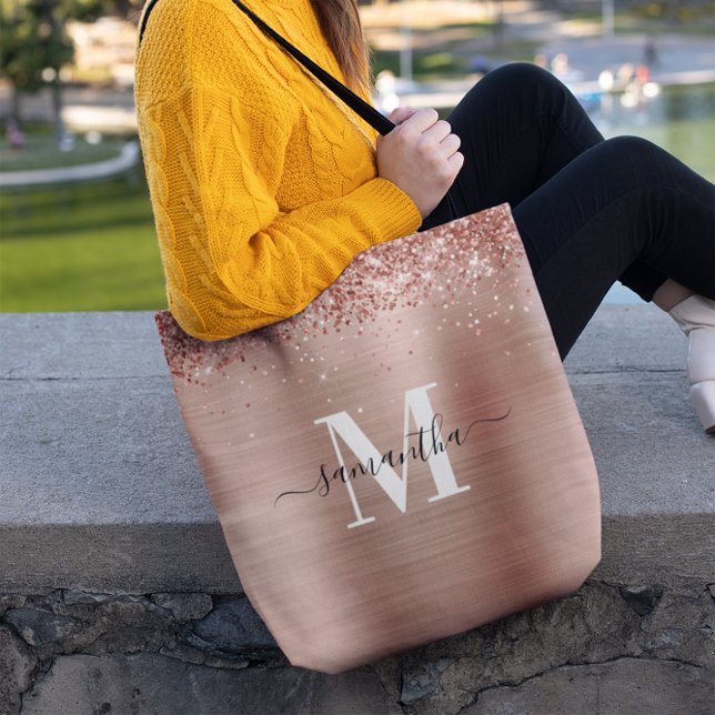 Signature Monogram Rose Gold Glittery Foil Tote Bag (Rose Gold Glittery Foil Monogram Tote Bag)