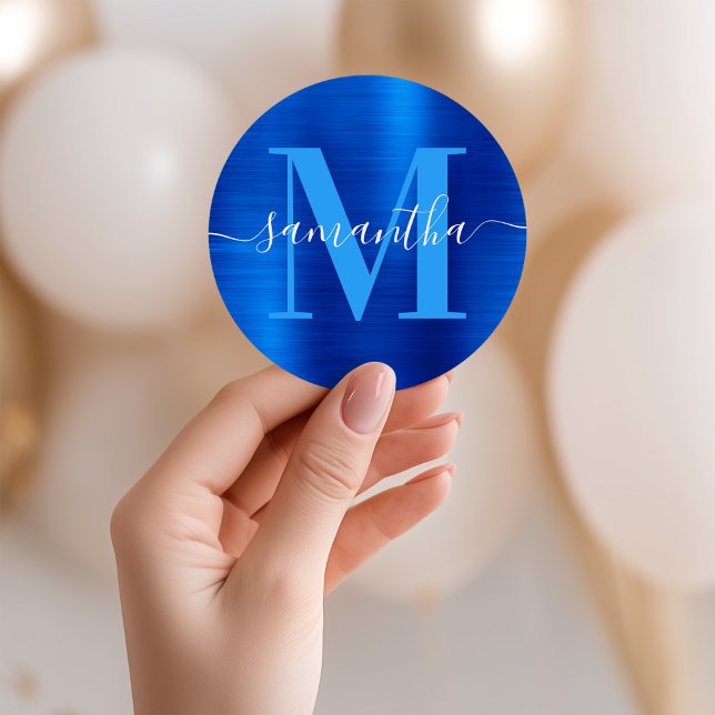 Signature Monogram Royal  Blue Foil  Classic Round Sticker (Signature Monogram Royal Blue Foil Classic Round Sticker)