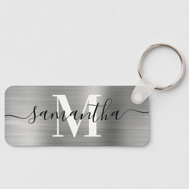 Signature Monogram Silver Foil Thin Rectangle Key Ring (Front)