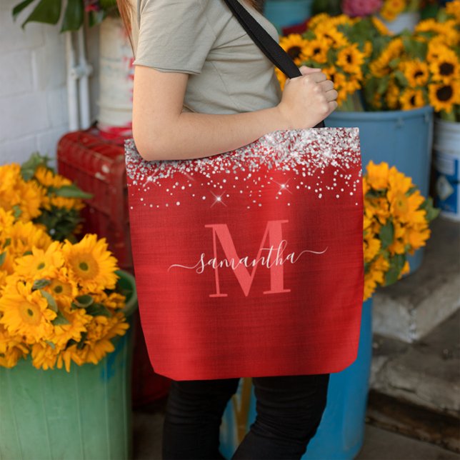 Signature Monogram Silver Glitter Red Foil Tote Bag (Signature Monogram Silver Glitter Red Foil Tote Bag)