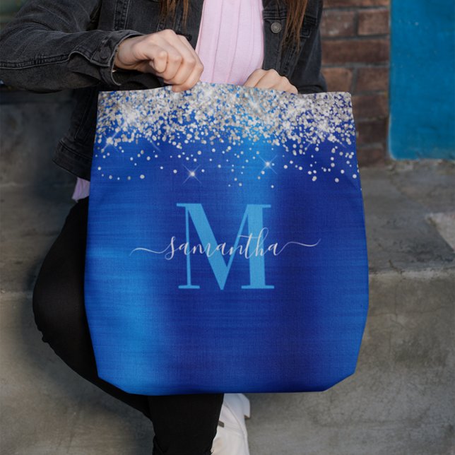 Signature Monogram Silver Glitter Royal Blue Foil Tote Bag (Silver Glitter Royal Blue Foil Signature Monogram Tote Bag)