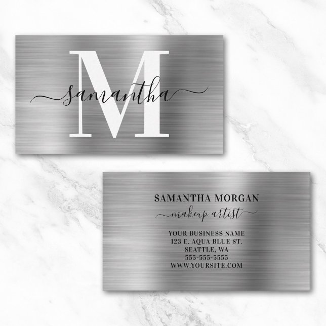 Signature Monogram Silver Shimmer Business Card (Signature Monogram Silver Shimmer Business Card)
