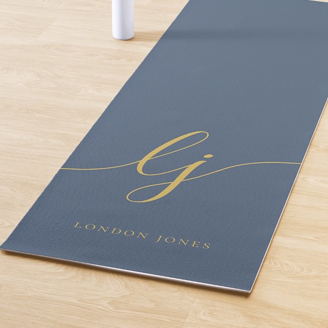 Signature Name Simple Calligraphy Navy Blue Gold Yoga Mat (Creator Uploaded)