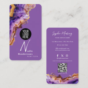 Signature Purple Agate gold marble & QR Code Logo Business Card