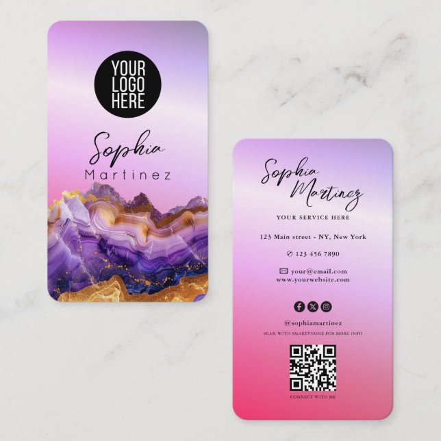 Signature Purple Agate gold marble & QR Code Logo Business Card (Front/Back)