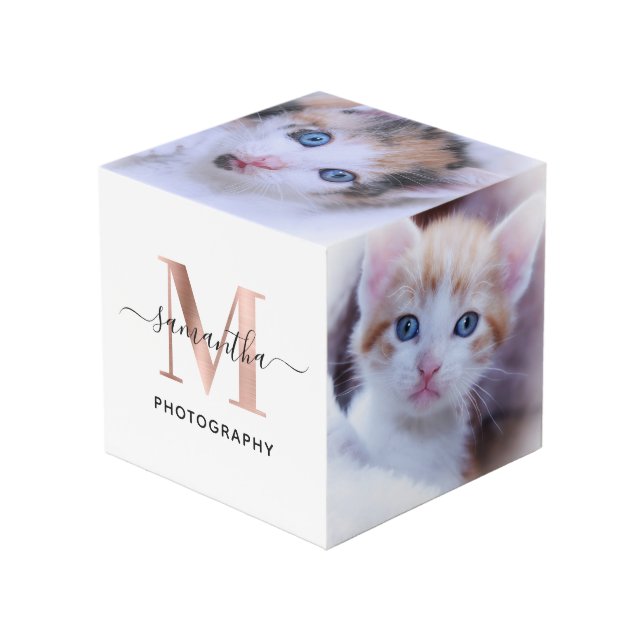 Signature Rose Gold M Monogram Photographer Logo Cube (Front Angled)
