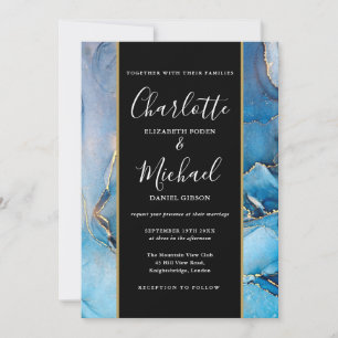 Signature Script Black And Gold Blue Agate Wedding Invitation