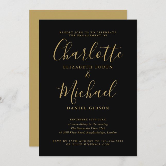 Signature Script Black And Gold Engagement Party Invitation (Front/Back)